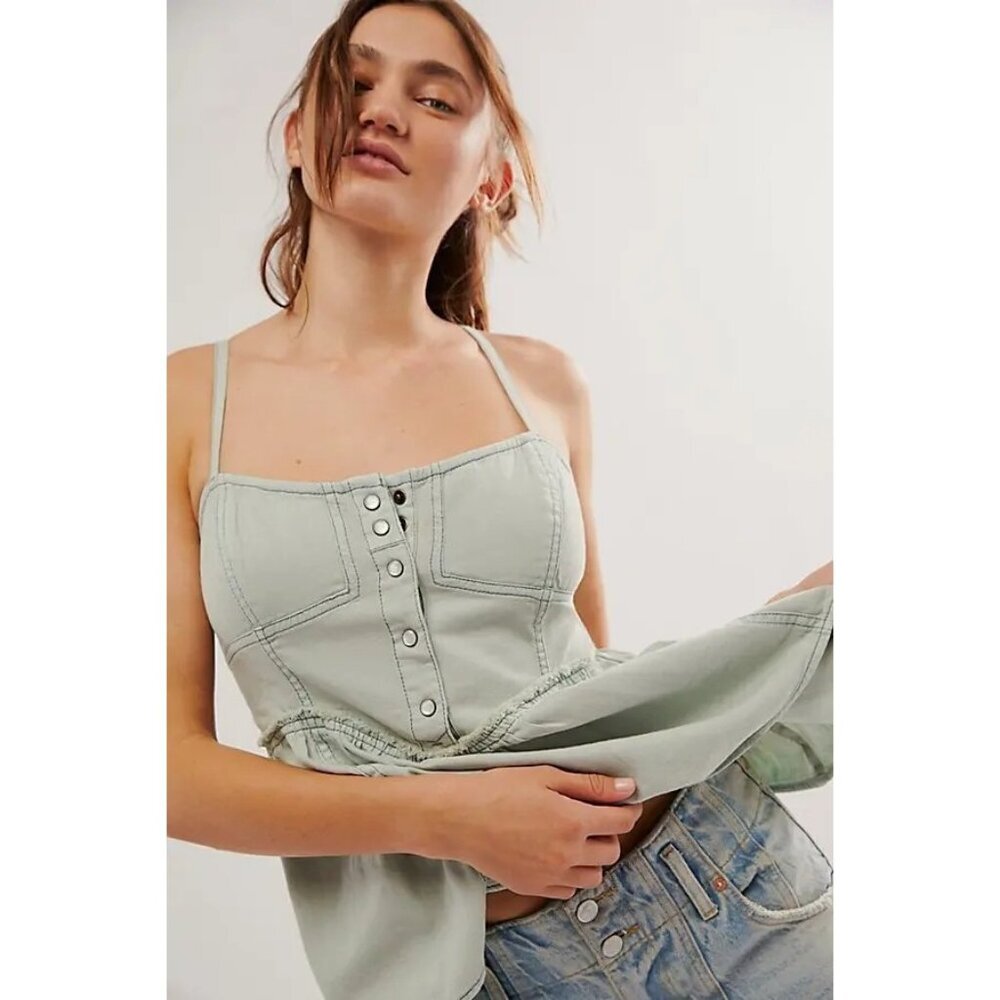 NEW WE THE FREE BY FREE PEOPLE REWORKED DENIM SEA MIST CAMI TOP SMALL